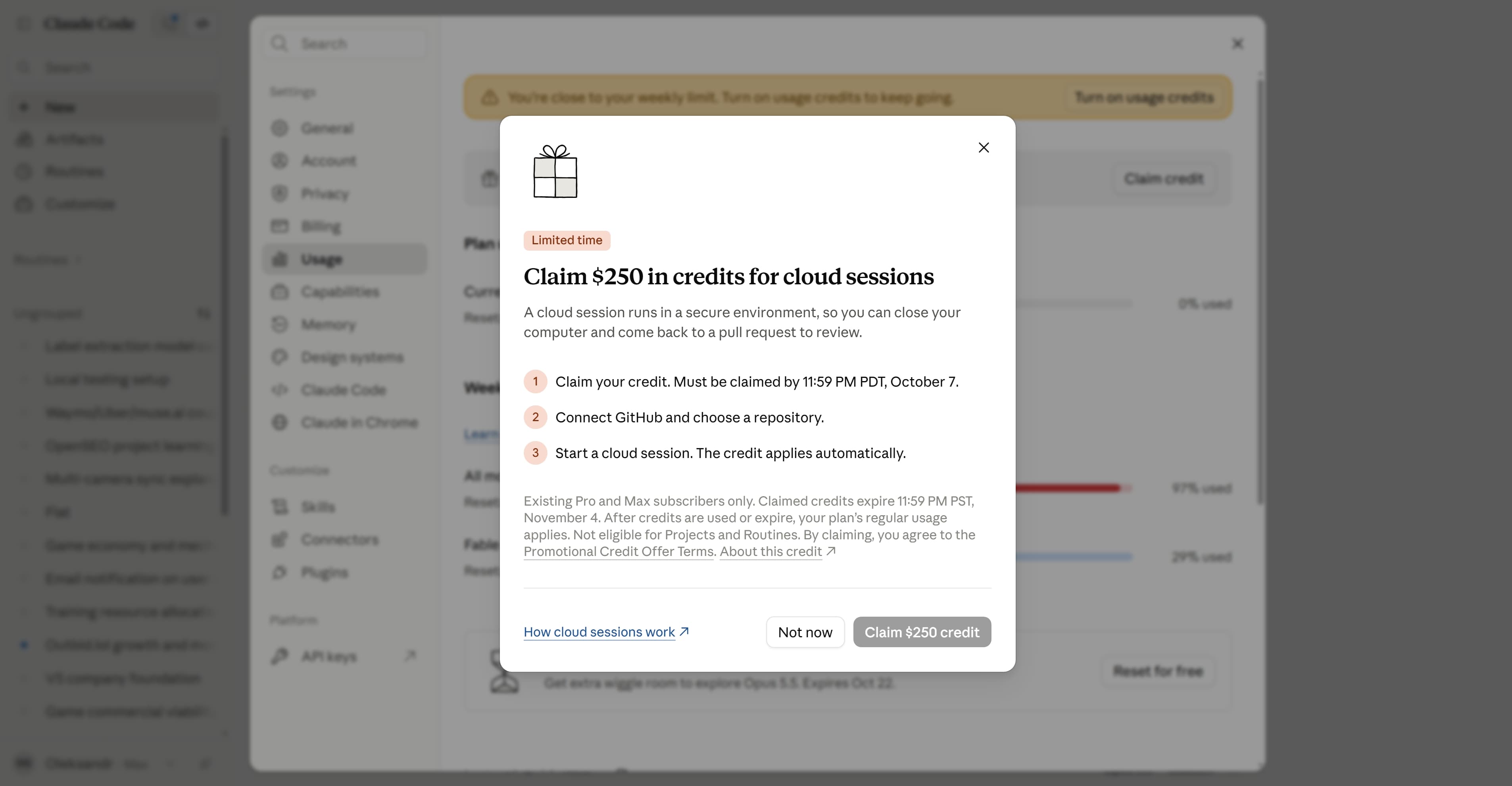 Claude.ai $250 Cloud Session Promotional Credit Modal