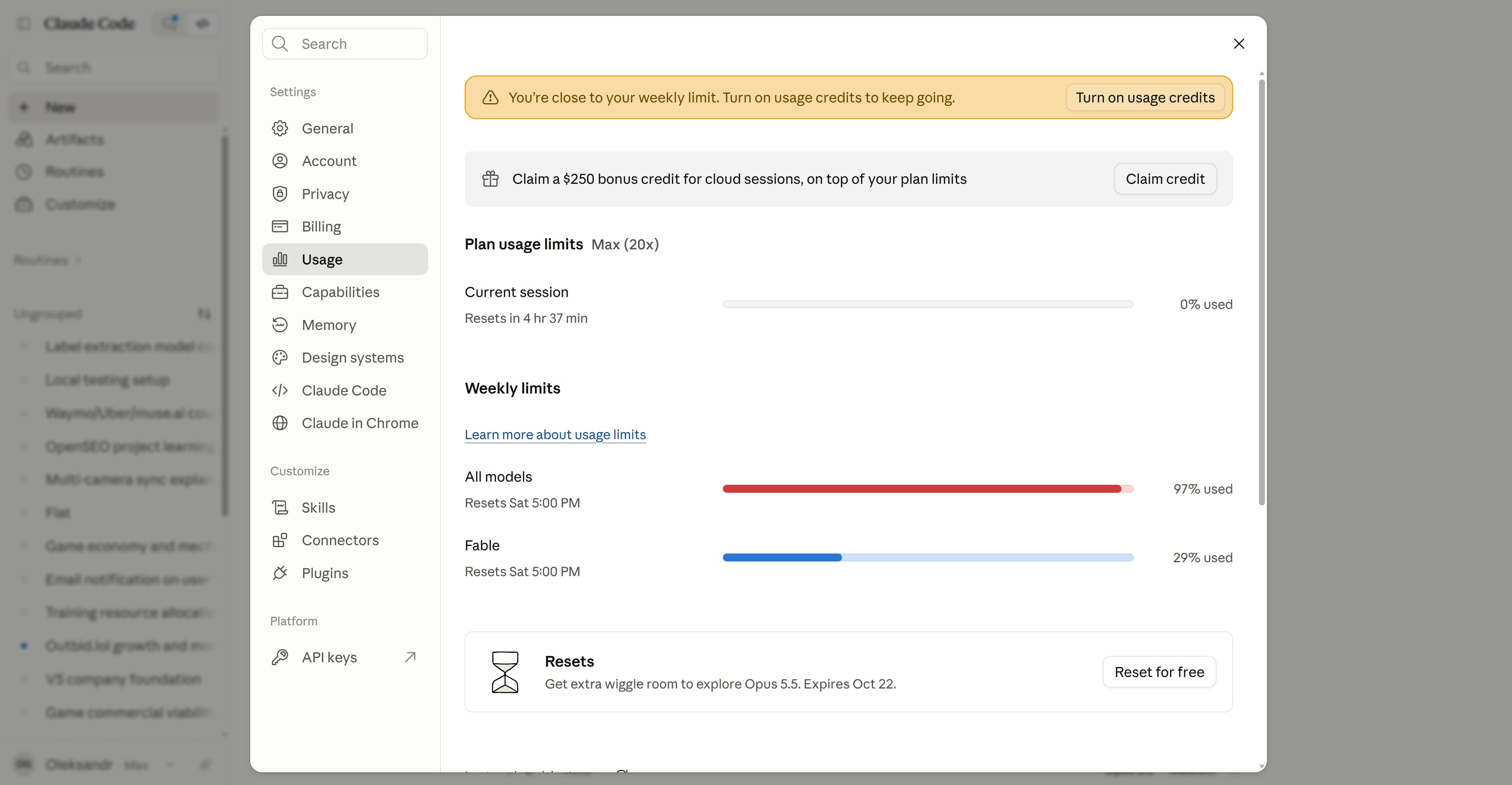 Claude.ai usage settings showing Opus 5.5 Reset for free button