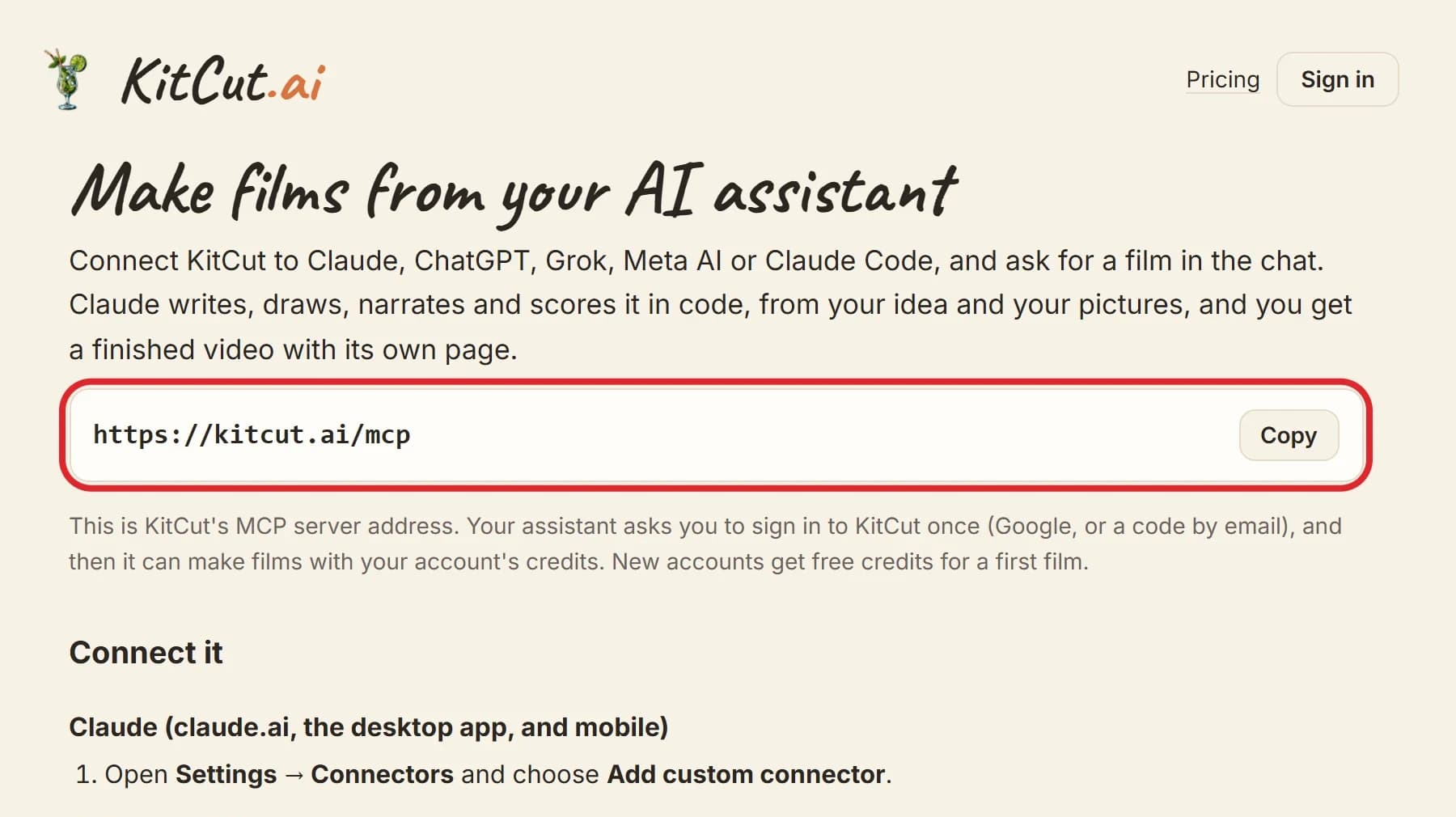 The kitcut.ai/connect page: the MCP server address with a Copy button, and setup steps for Claude, Claude Code, ChatGPT, Grok and other apps