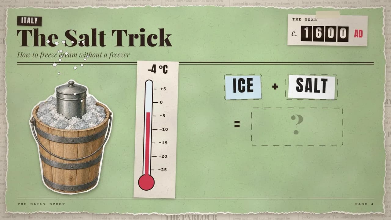 A collage KitCut still: a wooden ice-cream churn and a thermometer cut out of old engravings, pasted on green paper under the headline The Salt Trick, with tape labels reading ICE and SALT