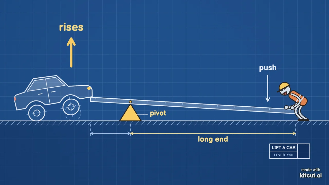 A hand-drawn KitCut still in the clean style on a blueprint ground: a lever lifting a car, labelled rises, pivot, push and long end