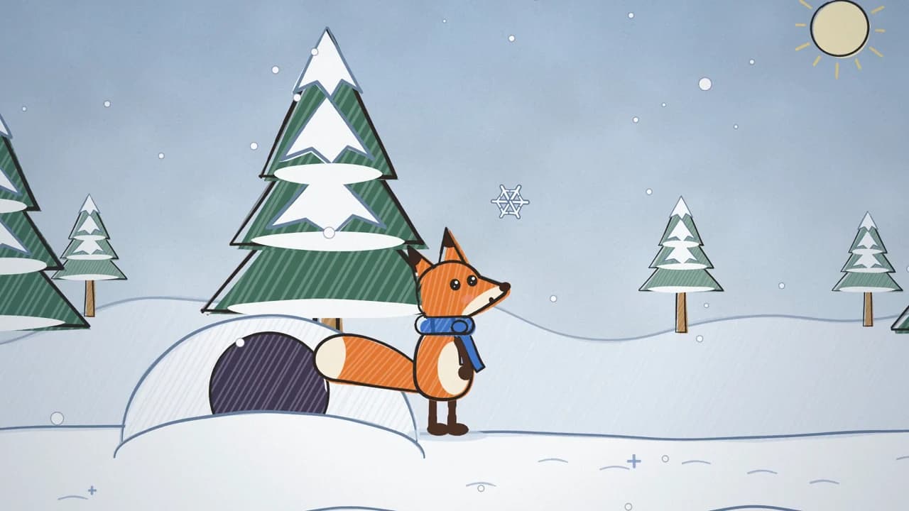 A hand-drawn KitCut still in the crayon style: Pip, an orange fox in a blue scarf, by an igloo among snowy pines