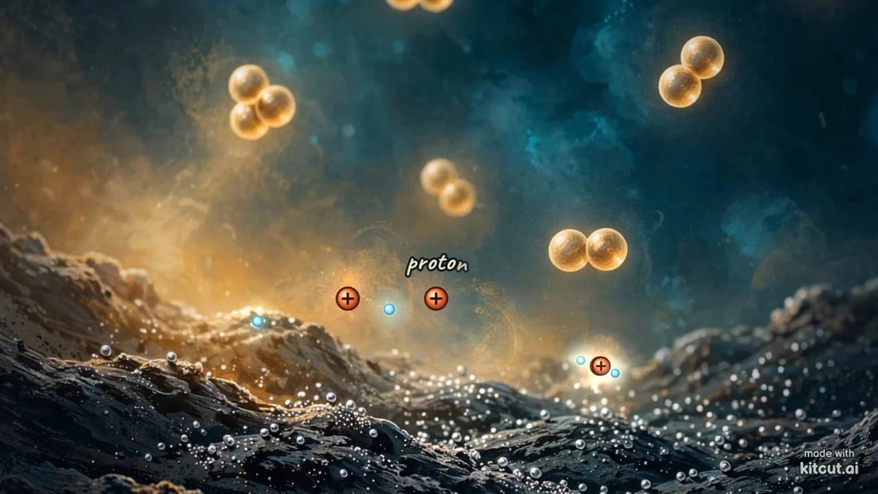 A painted KitCut still: glowing particles over a dark painted landscape, with the word proton drawn on top by Claude