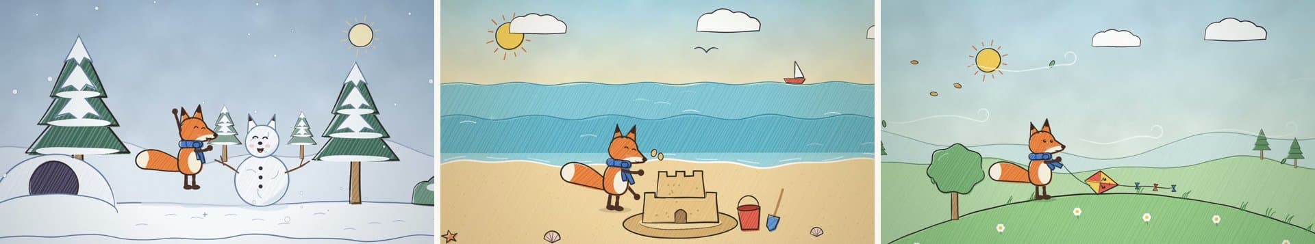 Three stills of Pip the fox from three KitCut films: in the snow with a snowman, building a sandcastle at the sea, and flying a kite